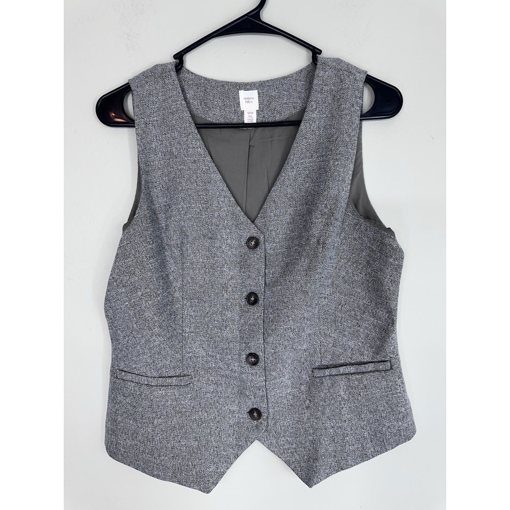 Y2K Autre Filles Gray Tweed Vest Womens MEDIUM Wool Academia Ivy League Menswear